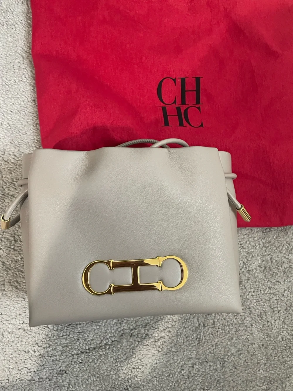 Carolina Herrera Leather Drawstring Crossbody Bucket Bag with Gold Hardware